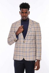 Ekose Desenli Slim Fit Kahverengi Mavi Erkek Ceket - 5