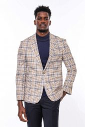 Ekose Desenli Slim Fit Kahverengi Mavi Erkek Ceket - 6