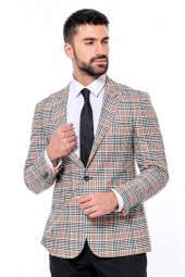 Ekose Desenli Slim Fit Turuncu Siyah Erkek Ceket - 4
