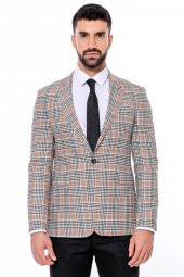 Ekose Desenli Slim Fit Turuncu Siyah Erkek Ceket - 5