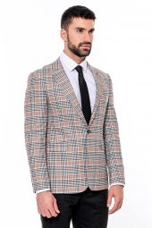 Ekose Desenli Slim Fit Turuncu Siyah Erkek Ceket - 6