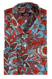 Mavi Çiçek Desenli Slim Fit Uzun Kollu Kırmızı Erkek Gömlek - 5