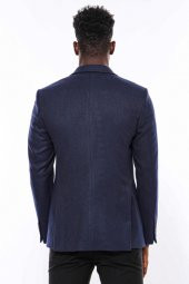 Slim Fit Desenli Koyu Mavi Erkek Ceket - 5