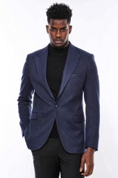 Slim Fit Desenli Koyu Mavi Erkek Ceket - 1