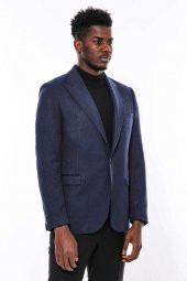 Slim Fit Desenli Koyu Mavi Erkek Ceket - 4