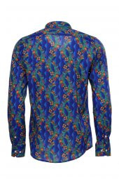 Çiçek Desenli Uzun Kollu Slim Fit İndigo Erkek Gömlek - 4