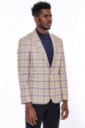 Ekose Desenli Slim Fit Kahverengi Mavi Erkek Ceket - 9