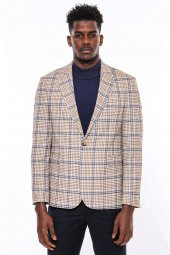 Ekose Desenli Slim Fit Kahverengi Mavi Erkek Ceket - 10