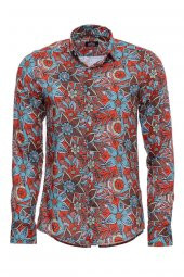 Mavi Çiçek Desenli Slim Fit Uzun Kollu Kırmızı Erkek Gömlek - 1