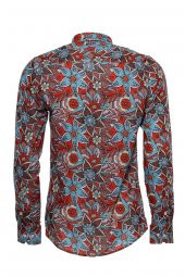 Mavi Çiçek Desenli Slim Fit Uzun Kollu Kırmızı Erkek Gömlek - 4