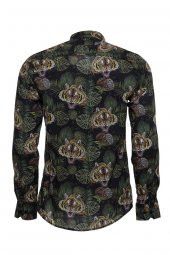 Kaplan Desenli Slim Fit Uzun Kollu Siyah Erkek Gömlek - 5