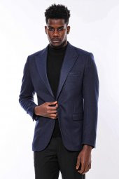 Slim Fit Desenli Koyu Mavi Erkek Ceket - 6