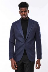 Slim Fit Desenli Koyu Mavi Erkek Ceket - 7