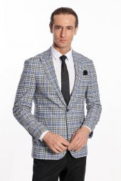 Ekose Desenli Slim Fit Siyah Mavi Erkek Ceket - 1
