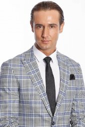 Ekose Desenli Slim Fit Siyah Mavi Erkek Ceket - 2