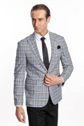 Ekose Desenli Slim Fit Siyah Mavi Erkek Ceket - 3