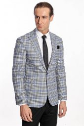 Ekose Desenli Slim Fit Siyah Mavi Erkek Ceket - 5