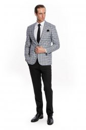 Ekose Desenli Slim Fit Siyah Mavi Erkek Ceket - 6