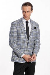 Ekose Desenli Slim Fit Siyah Mavi Erkek Ceket - 7