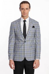 Ekose Desenli Slim Fit Siyah Mavi Erkek Ceket - 8