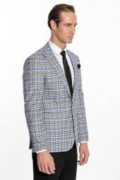 Ekose Desenli Slim Fit Siyah Mavi Erkek Ceket - 9