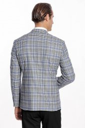 Ekose Desenli Slim Fit Siyah Mavi Erkek Ceket - 10