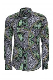Zincir Zebra Yaprak Desenli Slim Fit Uzun Kollu Çok Renkli Erkek Gömlek - 1