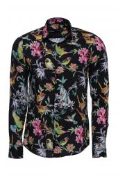 Kuş Ve Çiçek Desenli Slim Fit Uzun Kollu Siyah Erkek Gömlek - 1