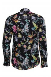 Kuş Ve Çiçek Desenli Slim Fit Uzun Kollu Siyah Erkek Gömlek - 3