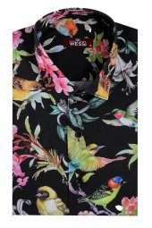 Kuş Ve Çiçek Desenli Slim Fit Uzun Kollu Siyah Erkek Gömlek - 5
