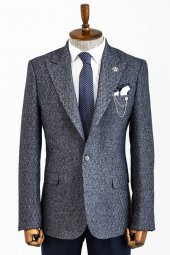 Kendinden Desenli Slim Fit Yün Erkek Lacivert Ceket - 1