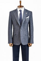 Kendinden Desenli Slim Fit Yün Erkek Lacivert Ceket - 3