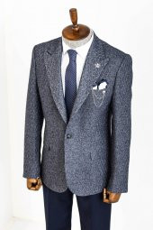 Kendinden Desenli Slim Fit Yün Erkek Lacivert Ceket - 4
