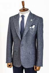 Kendinden Desenli Slim Fit Yün Erkek Lacivert Ceket - 5