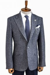 Kendinden Desenli Slim Fit Yün Erkek Lacivert Ceket - 6