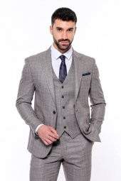 Ekose Desenli Yelekli Slim Fit Bej Erkek Takım Elbise - 2