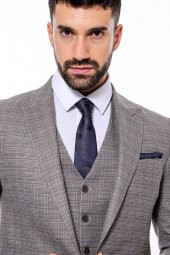 Ekose Desenli Yelekli Slim Fit Bej Erkek Takım Elbise - 1