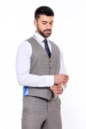 Ekose Desenli Yelekli Slim Fit Bej Erkek Takım Elbise - 3