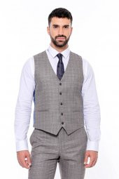 Ekose Desenli Yelekli Slim Fit Bej Erkek Takım Elbise - 4