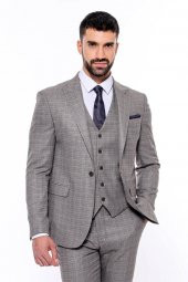 Ekose Desenli Yelekli Slim Fit Bej Erkek Takım Elbise - 5