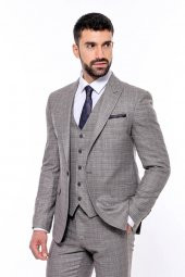 Ekose Desenli Yelekli Slim Fit Bej Erkek Takım Elbise - 6