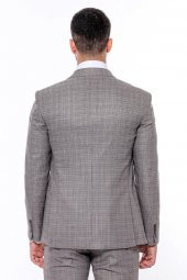 Ekose Desenli Yelekli Slim Fit Bej Erkek Takım Elbise - 7