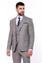 Ekose Desenli Yelekli Slim Fit Bej Erkek Takım Elbise - 8