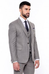 Ekose Desenli Yelekli Slim Fit Bej Erkek Takım Elbise - 9