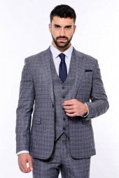 Ekose Desenli Yelekli Slim Fit Lacivert Erkek Takım Elbise - 2