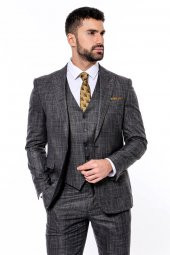 Kendinden Desenli Yelekli Slim Fit Siyah Takım Elbise - 2