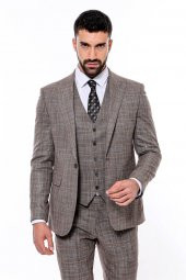 Kendinden Desenli Yelekli Slim Fit Koyu Bej Takım Elbise - 2