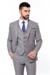 Ekose Desenli Yelekli Slim Fit Gri Erkek Takım Elbise - 2