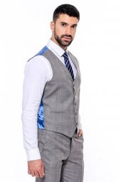 Ekose Desenli Yelekli Slim Fit Gri Erkek Takım Elbise - 3