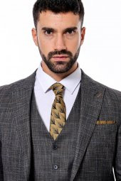 Kendinden Desenli Yelekli Slim Fit Siyah Takım Elbise - 1